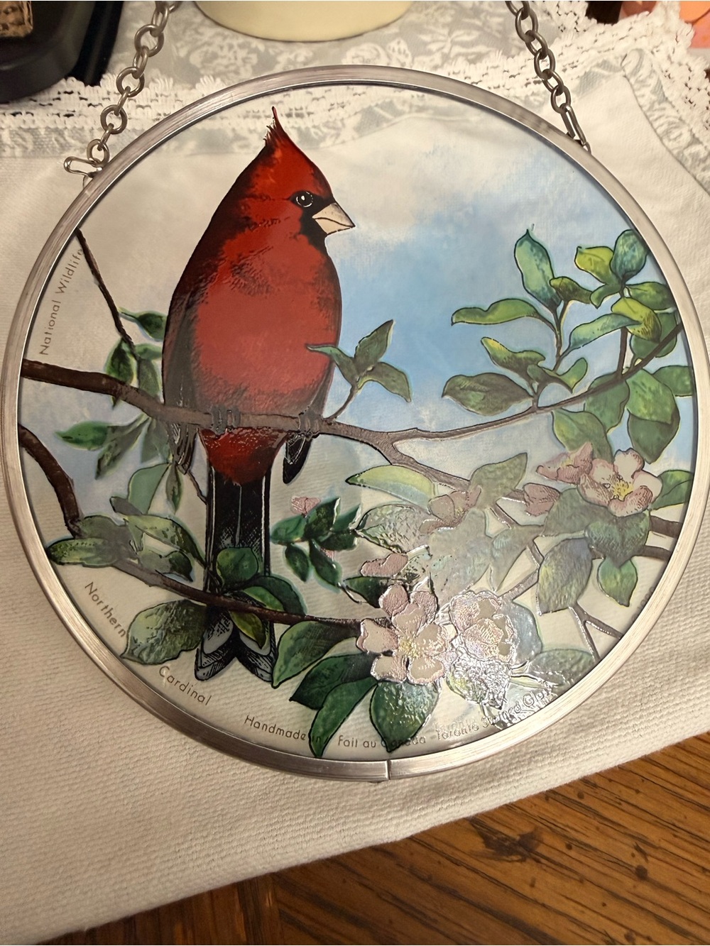 VTG 1989 Northern Cardinal Glass Suncatcher, Toronto Stained Glass Co, canada